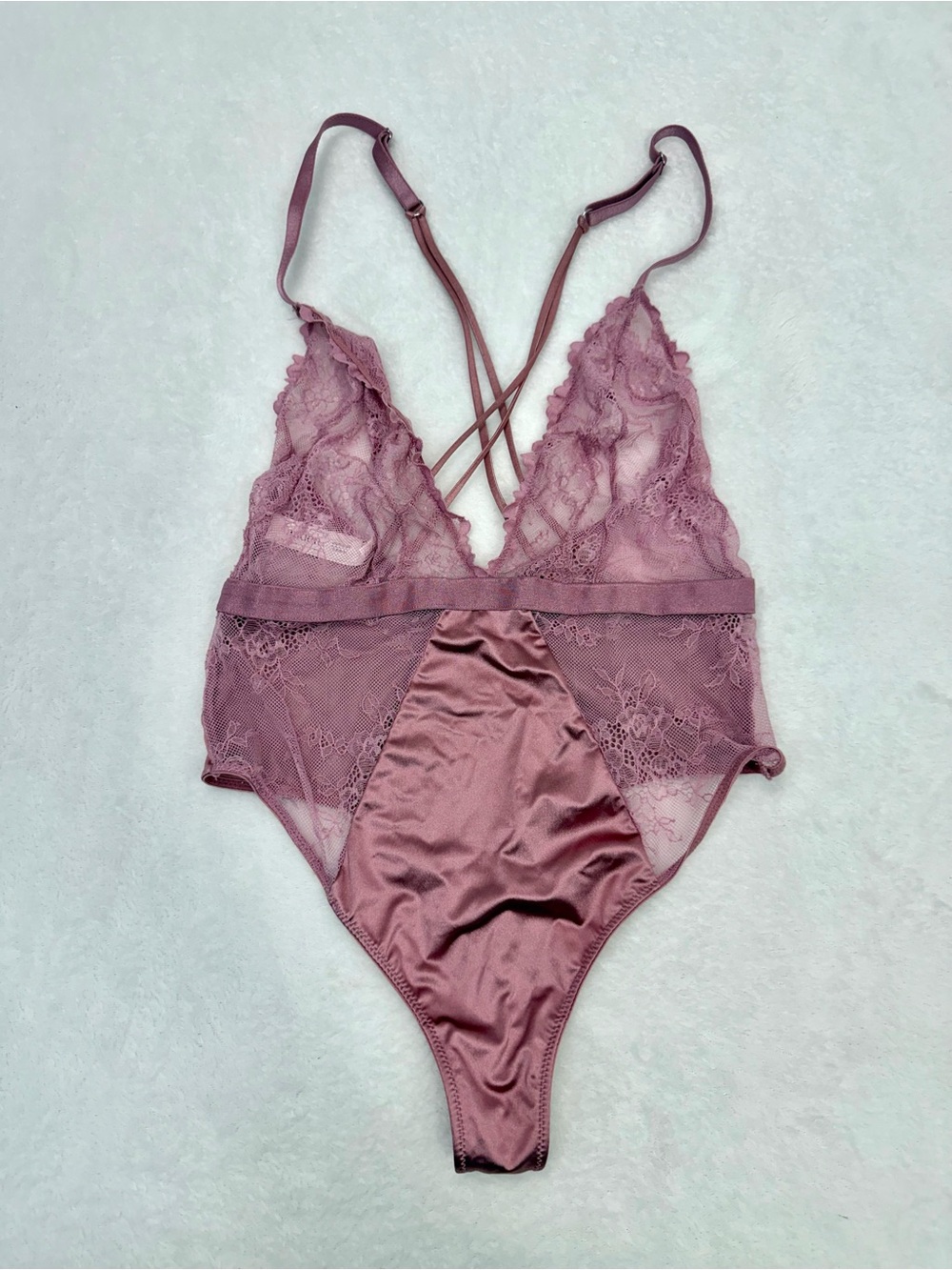 Auden Women Lace Satin Bodysuit Lingerie XS Mauve Purple Strappy Back Teddy